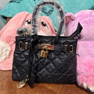 Badgley Mischka Black Quilted Crossbody Bag with Gold Accents